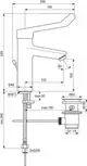 Waschtischarmatur von Ideal Standard mit Klinikhebel und Ablaufsystem. Technische Zeichnung zeigt Maße und Installationsdetails.